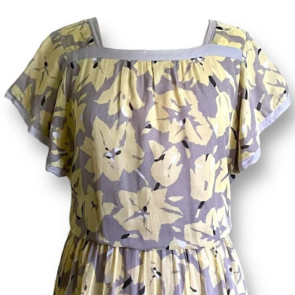 Vintage 80s Womens Midi Dress Sz M Gray Yellow Floral Boho Blouson Cotton Gauze - Picture 5 of 11